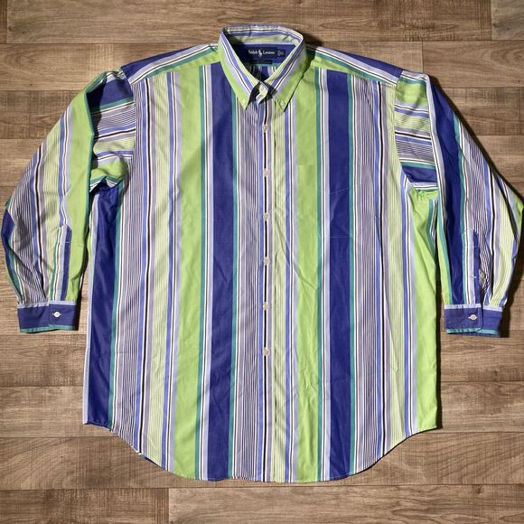 Vtg Polo Ralph Lauren Button Up Men XL Green Fun Shirt Stripe Blake Long Sleeve - Picture 1 of 7